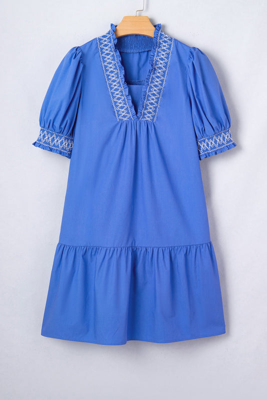 Embroidered Smocked V-Neck Puff Sleeve Mini Dress