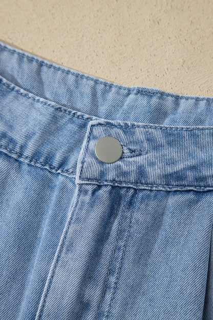 Solid Denim Scalloped Trim High Waist Shorts