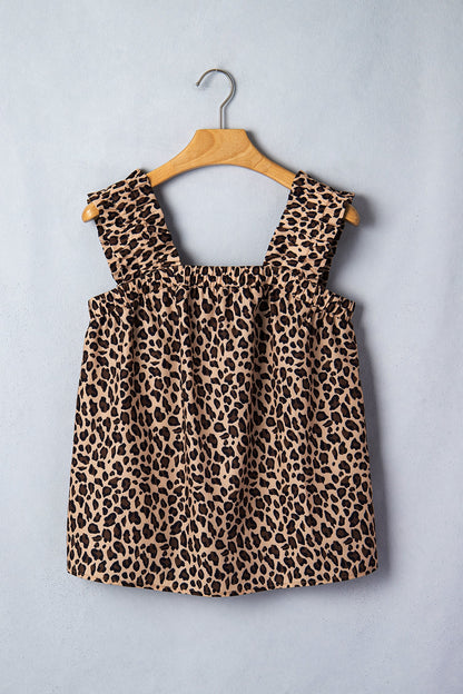 Leopard Frilled Square Neck Tank Top