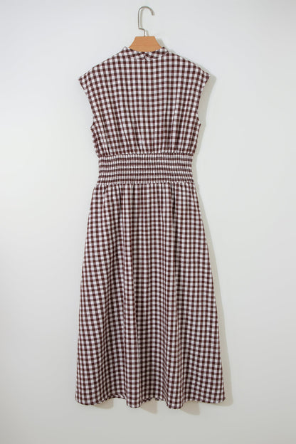 Gingham Plaid Zipped Cinched Waist Maxi Dress
