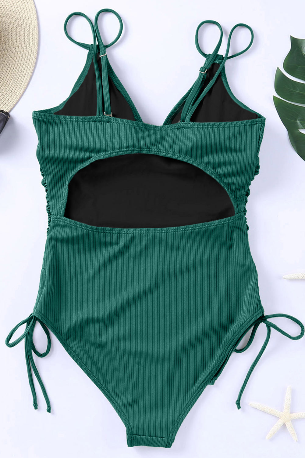 Solid Ribbed Knit Adjustable Strap One-Piece Swimsuit