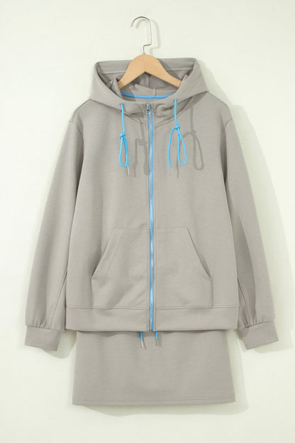 Contrast Trim Zip-Up Jacket & Drawstring Skort Set