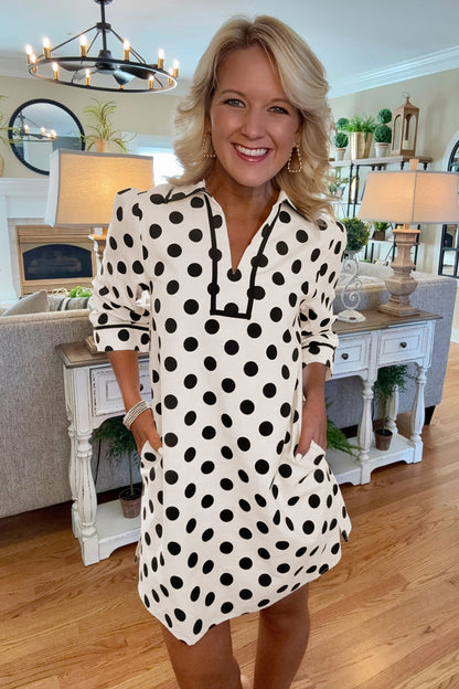 Polka Dot Collar V-Neck 3/4 Sleeve Pockets Mini Dress