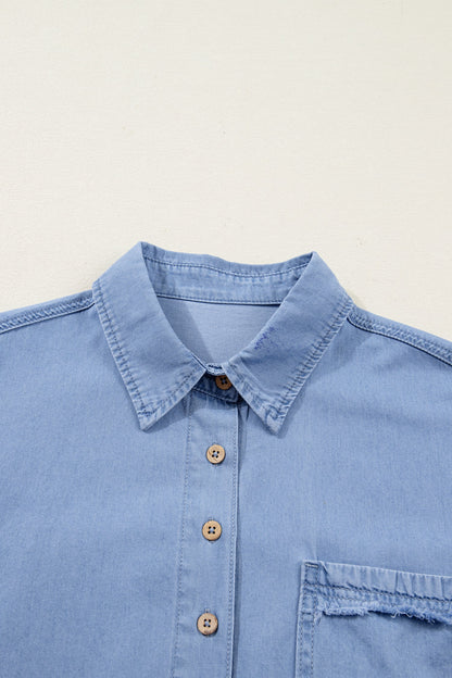 Denim Chambray Drop Shoulder 3/4 Sleeve Shirt