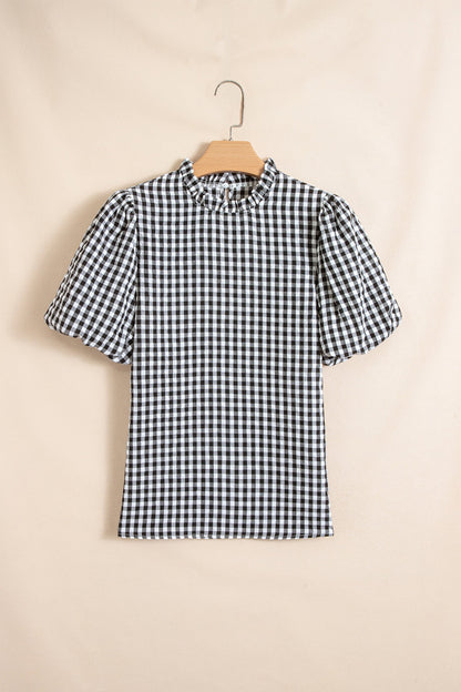 Gingham Plaid Puff Sleeve Frilled Neck Blouse