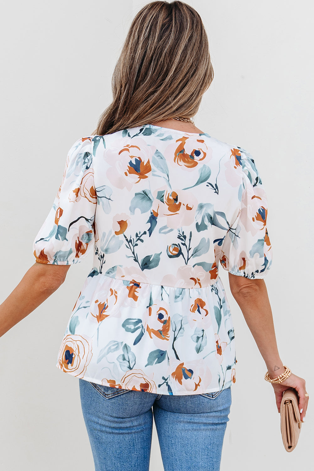 Floral Puff Sleeve V-Neck Babydoll Blouse