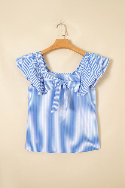 Stripe Bow Square Neck Ruffle Sleeve Blouse