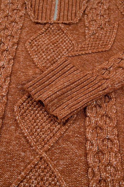 Solid Cable Knit Zip-Up Collar Long Sleeve Sweater Dress