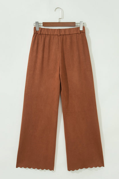 Solid Scalloped Edge Pocketed High Waist Pants