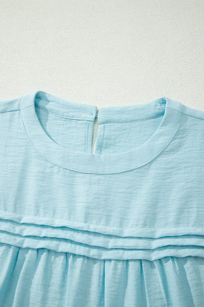 Solid Pleated Tie Sleeve Babydoll Blouse