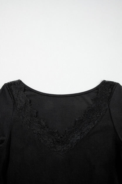 Solid Lace Trim V-Neck Long Sleeve Top