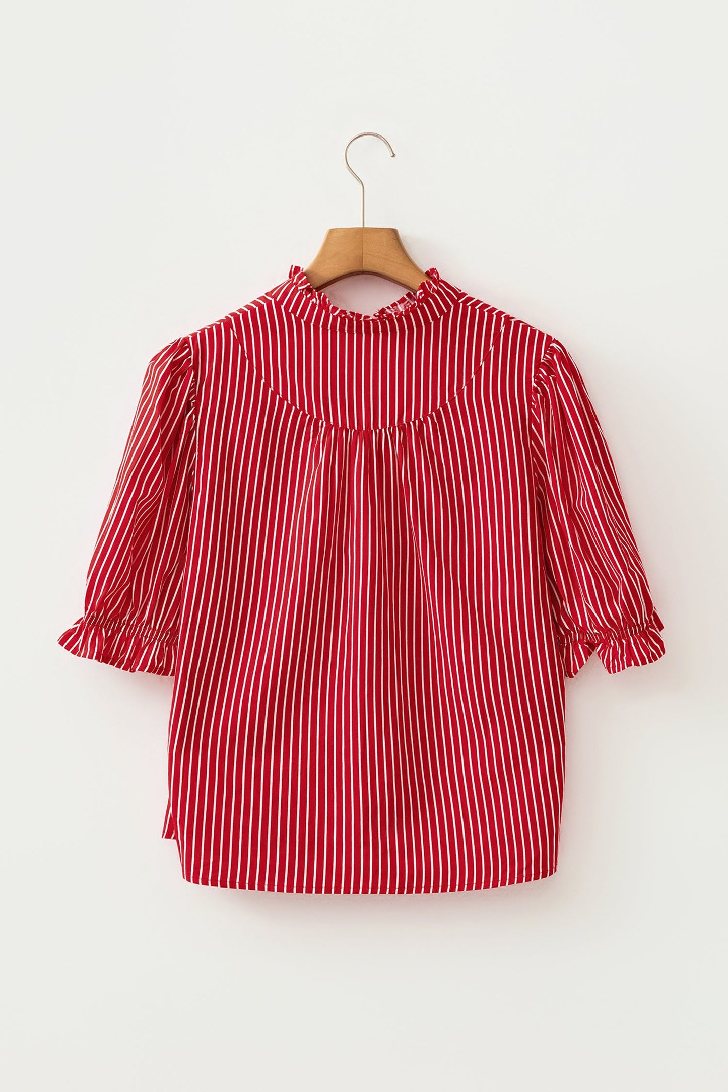 Stripe Ruffle Puff Sleeve Button Front Blouse