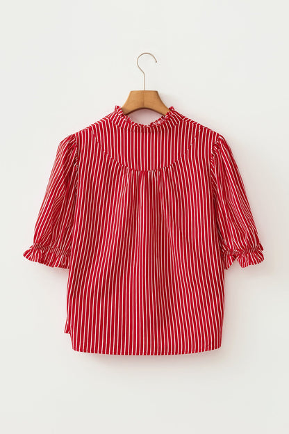 Stripe Ruffle Puff Sleeve Button Front Blouse