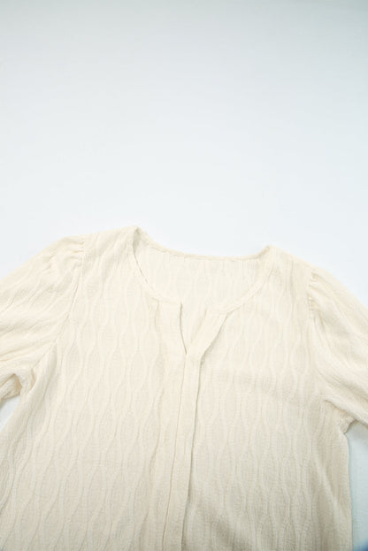 Solid Textured Notch Neck Puff Sleeve Blouse