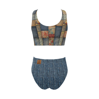 Vintage Patchwork & Denim Bowknot High Waisted Bikini Swimsuit