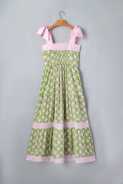 Floral Stripe Patchwork Knot Strap Maxi Dress
