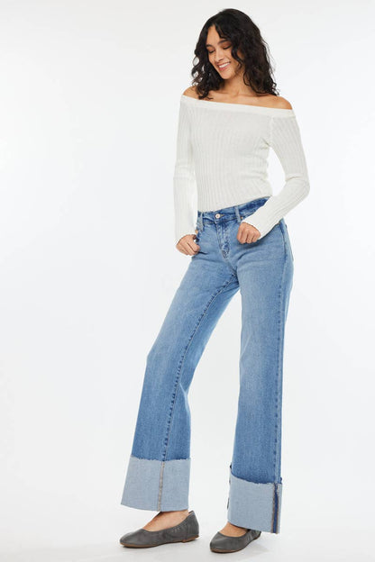 Kan Can Mid Rise Wide Flare Cuff Western Jeans — Medium Wash Stretch Denim, 5 Pocket, Cuffed Raw Hem (sizes 1, 11 and 13 remain)