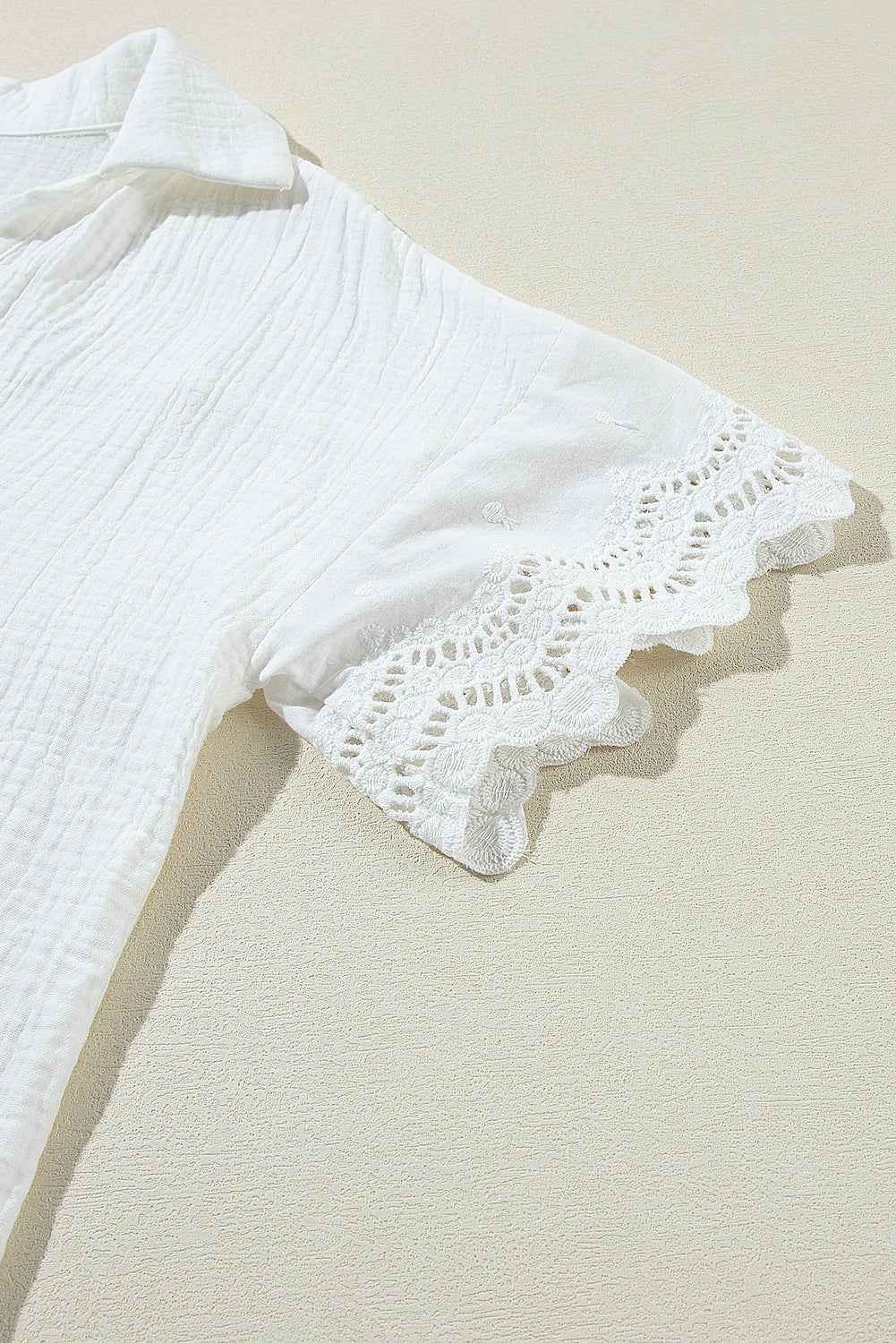 Embroidered Eyelet Crinkled Gauze Collared V-Neck Blouse