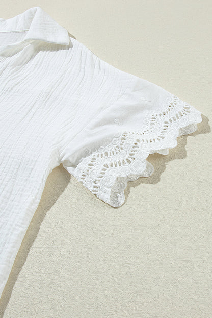 Embroidered Eyelet Crinkled Gauze Collared V-Neck Blouse