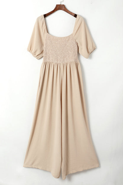Short Bubble Sleeve Smocked Wide Leg Jumpsuit