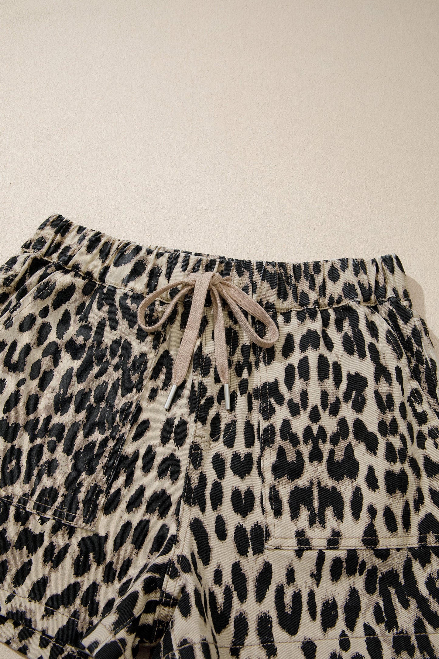 Leopard Denim Drawstring Elastic Waist Shorts