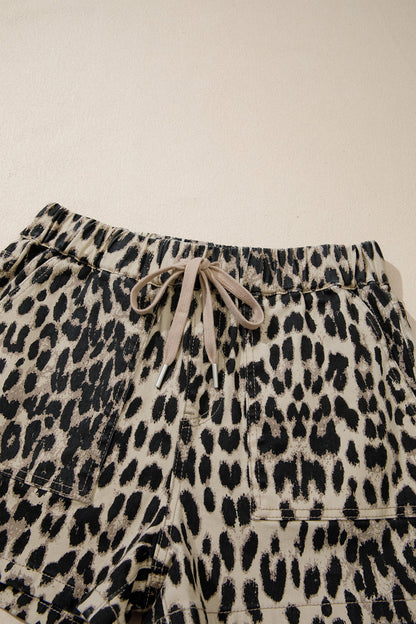 Leopard Denim Drawstring Elastic Waist Shorts