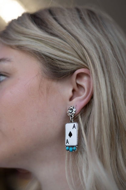 Ace of Spades Western Earrings with Faux Turquoise — 2" Drop