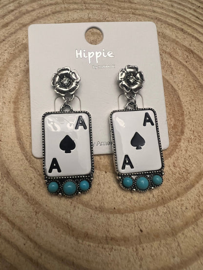 Ace of Spades Western Earrings with Faux Turquoise — 2" Drop