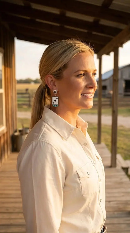Ace of Spades Western Earrings with Faux Turquoise — 2" Drop