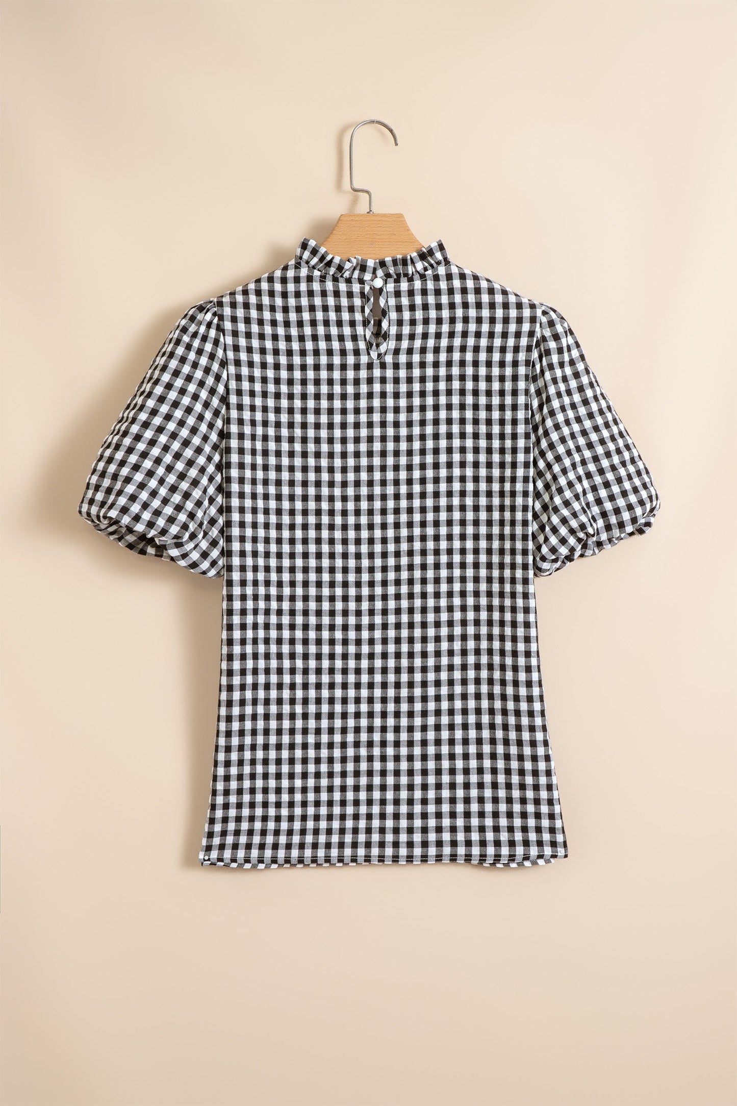 Gingham Plaid Puff Sleeve Frilled Neck Blouse