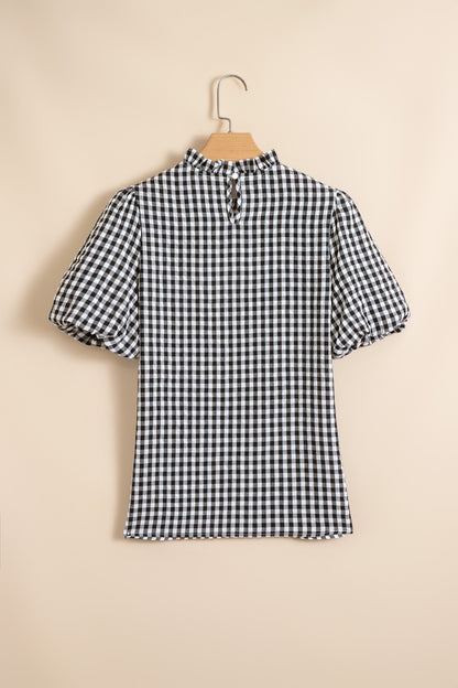 Gingham Plaid Puff Sleeve Frilled Neck Blouse