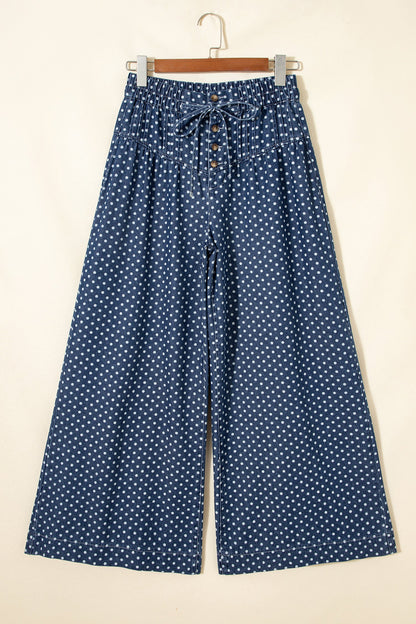 Polka Dot Button Up Pleated Wide Leg Jeans