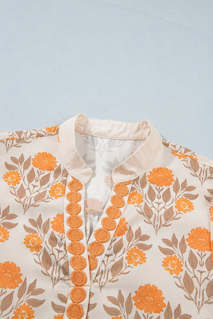 Floral Contrast Detail V-Neck Long Sleeve Blouse