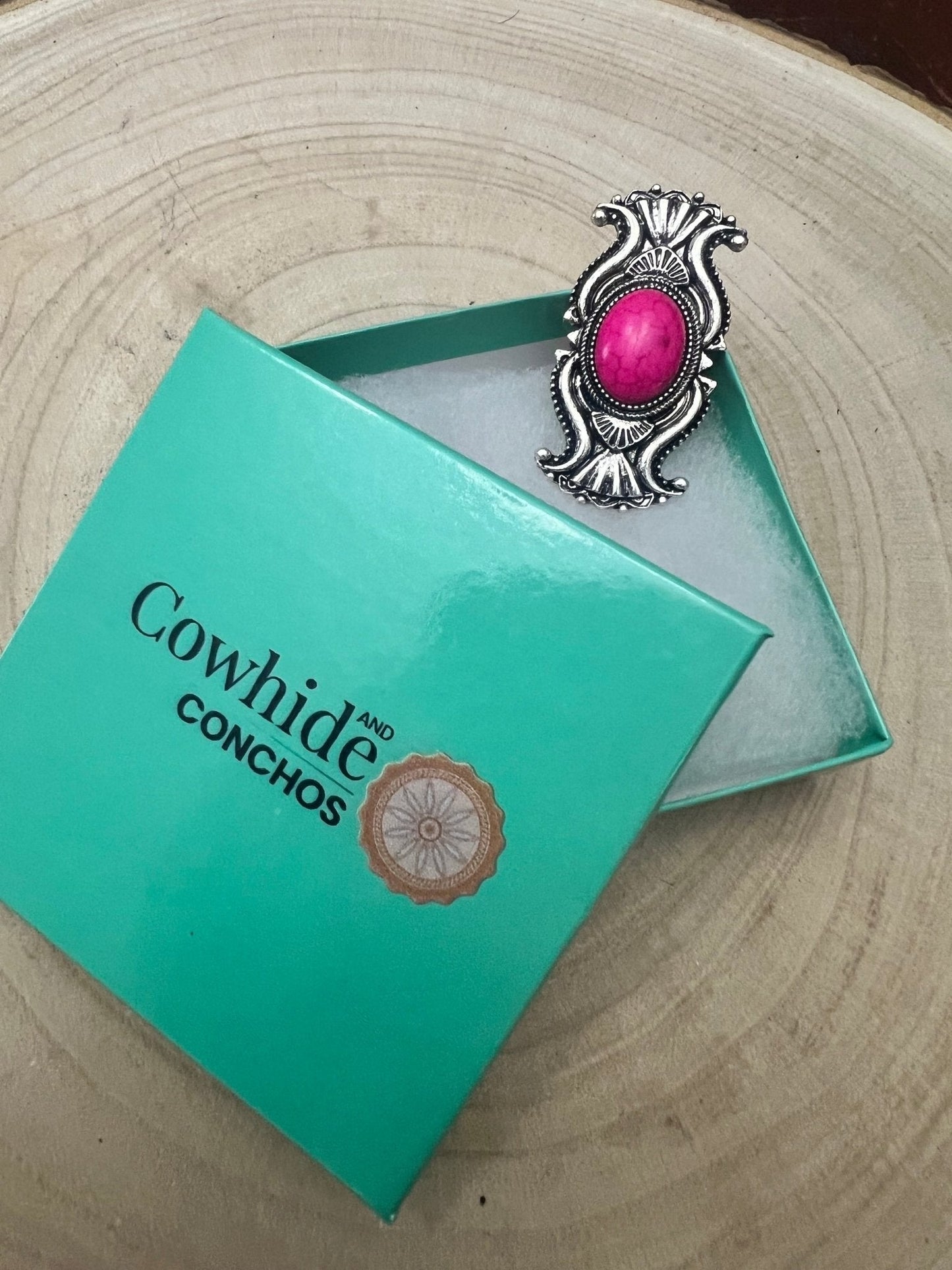 Western Concho Adjustable Ring with Faux Pink Stone — Everyday Southwestern Hand Statement