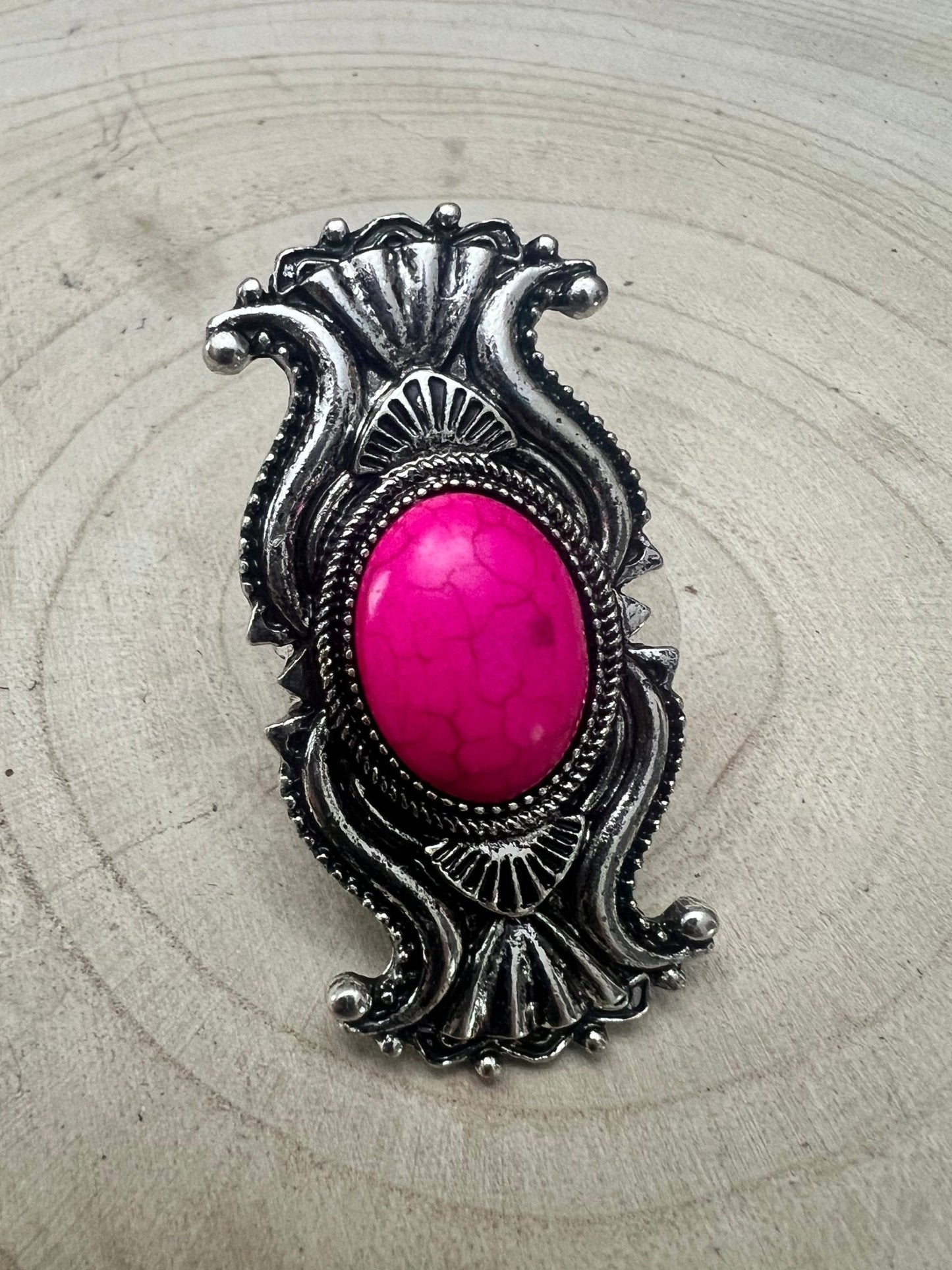 Western Concho Adjustable Ring with Faux Pink Stone — Everyday Southwestern Hand Statement
