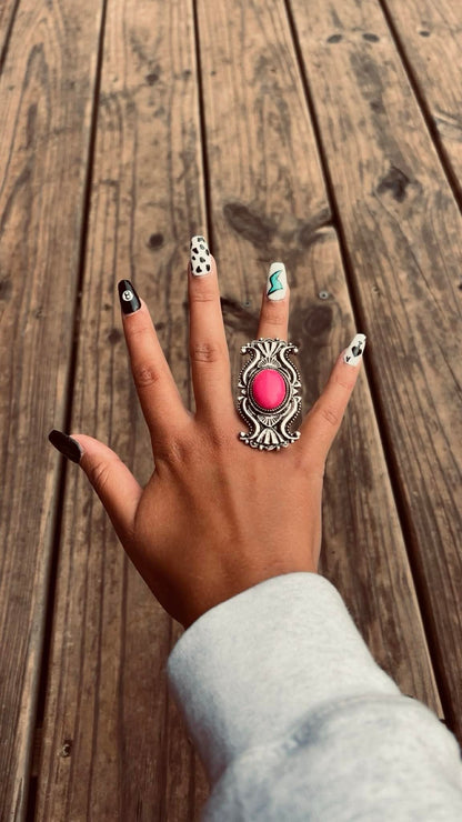 Western Concho Adjustable Ring with Faux Pink Stone — Everyday Southwestern Hand Statement