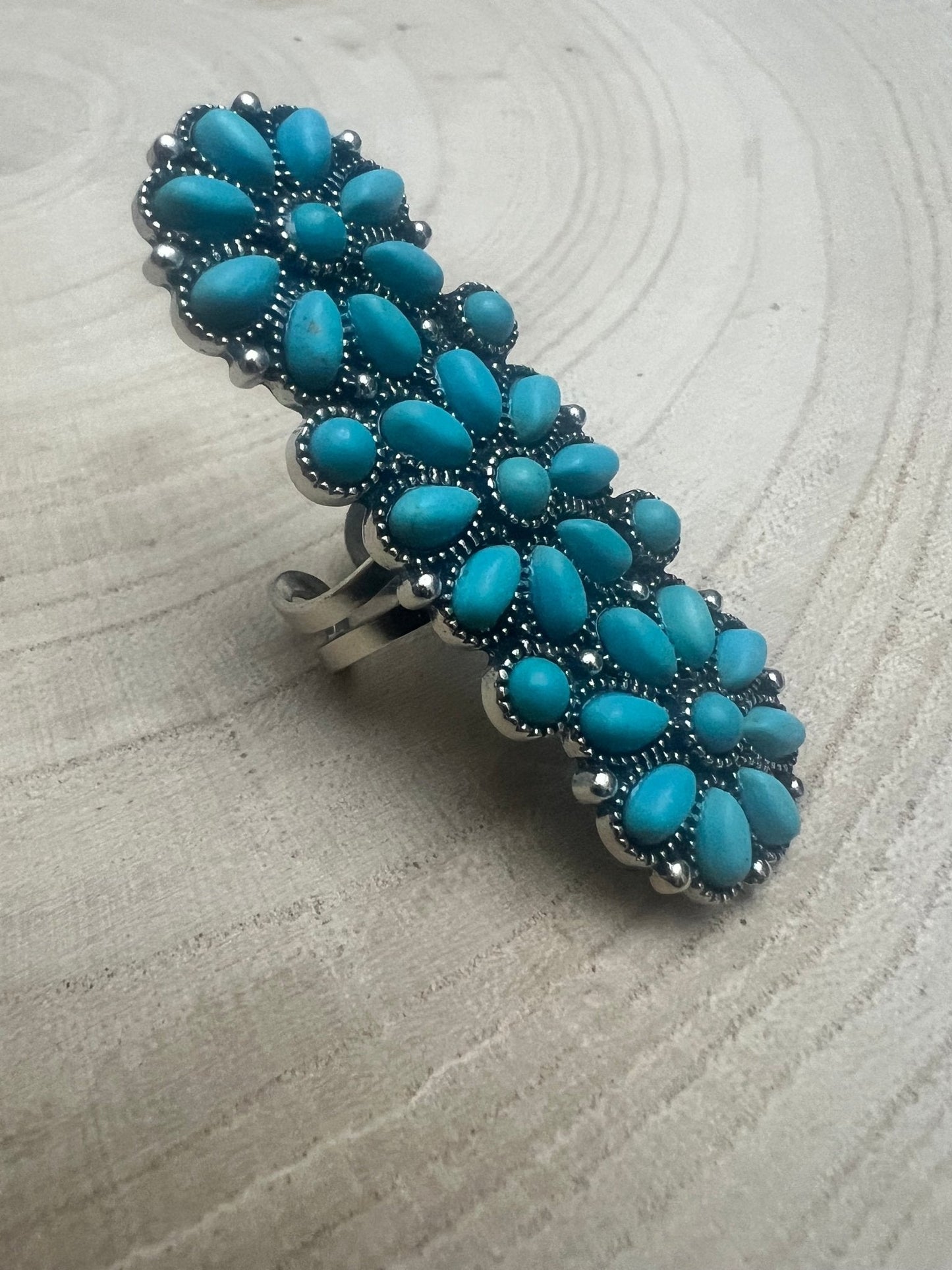 Western Desert Bloom Cluster Adjustable Ring — Faux Turquoise Hand Statement