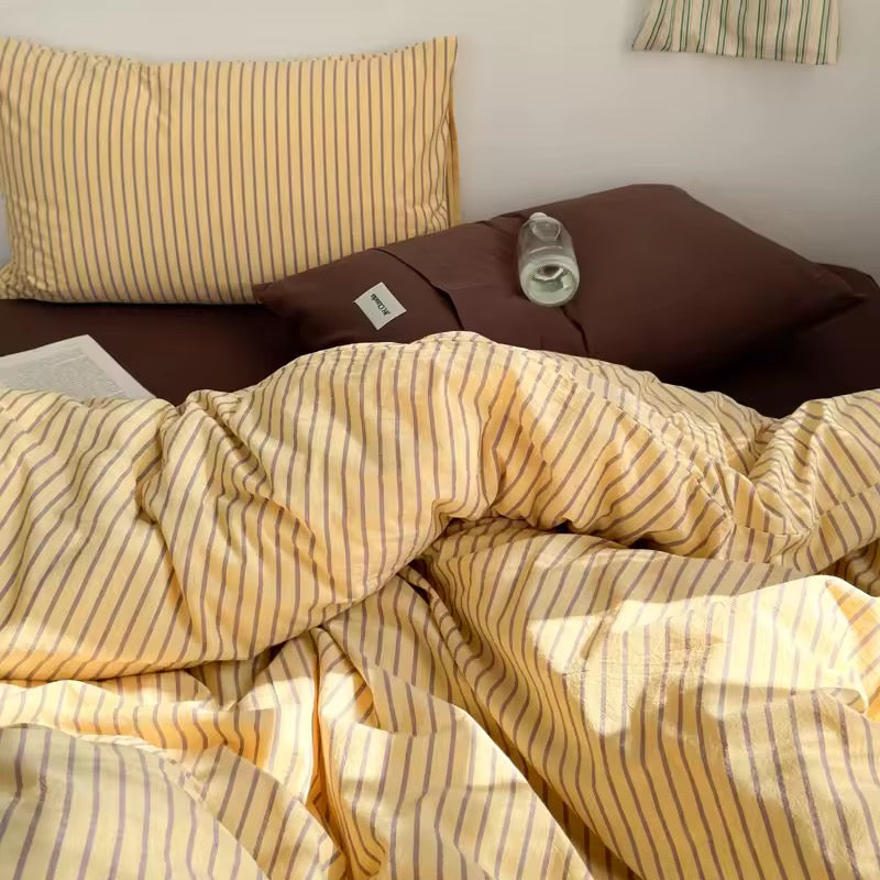 Yellow & Brown Striped Cotton Bedding Set