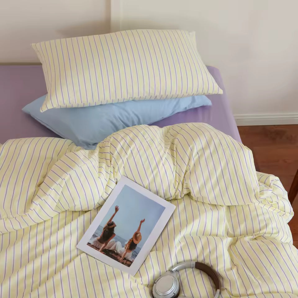 Pastel Yellow & Lilac Striped Bedding Set