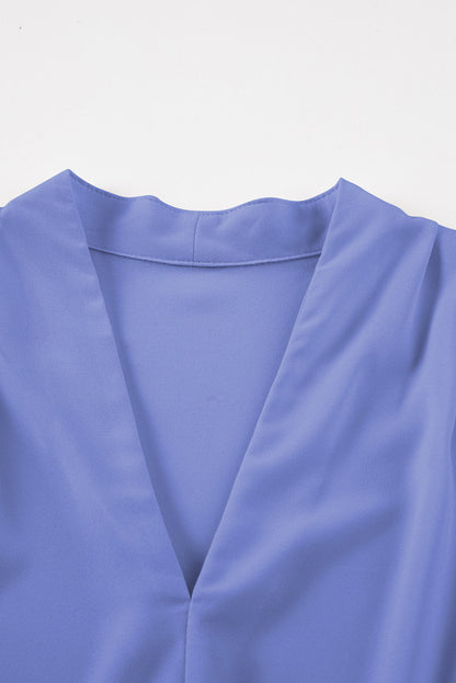 Solid Pleated V-Neck Long Sleeve Blouse