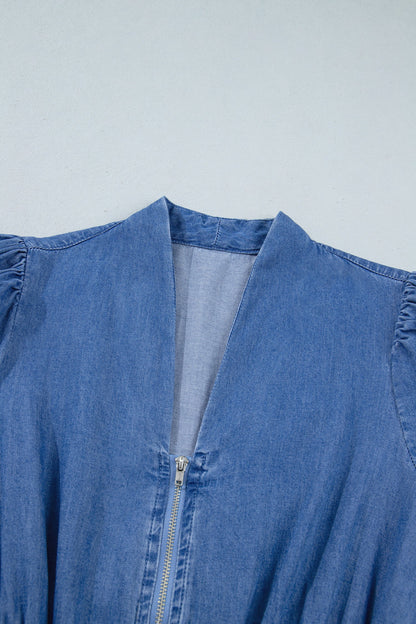 Denim Shirred Waist Zip-Up V-Neck Midi Dress
