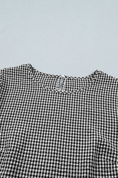 Gingham Plaid Bow Ruffle 3/4 Sleeve Blouse