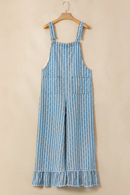 Stripe Distressed Denim Ruffle Wide Leg Overalls