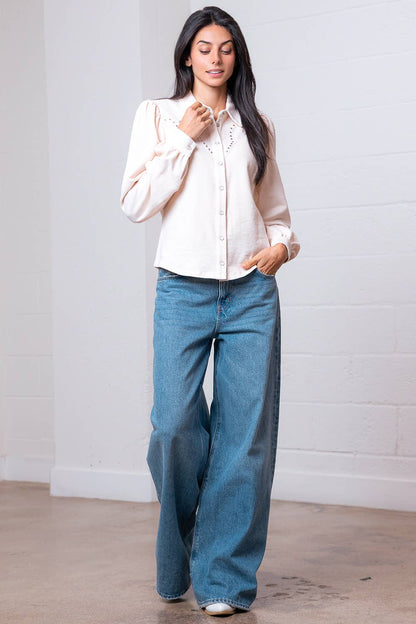 Taelynn "Amarillo" Studded Yoke Western Blouse — Cream Pearl Snap Long Puff Sleeve with Raw Edge Yoke