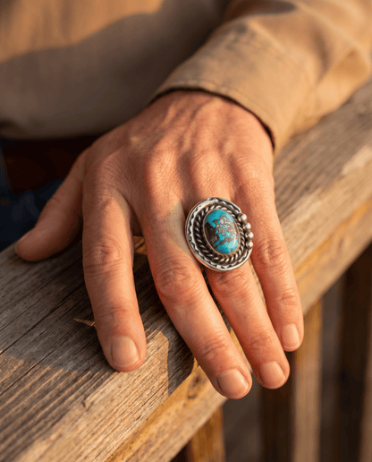 Annie Chapo Signed Vintage Navajo Sterling Turquoise Ring — Size 7 (Pyrite Matrix)