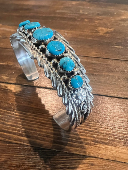 Anthony Brown Navajo Sterling Silver Bracelet with Kingman Turquoise — 6 5/8" Wrist (Hallmark "Anthony B")