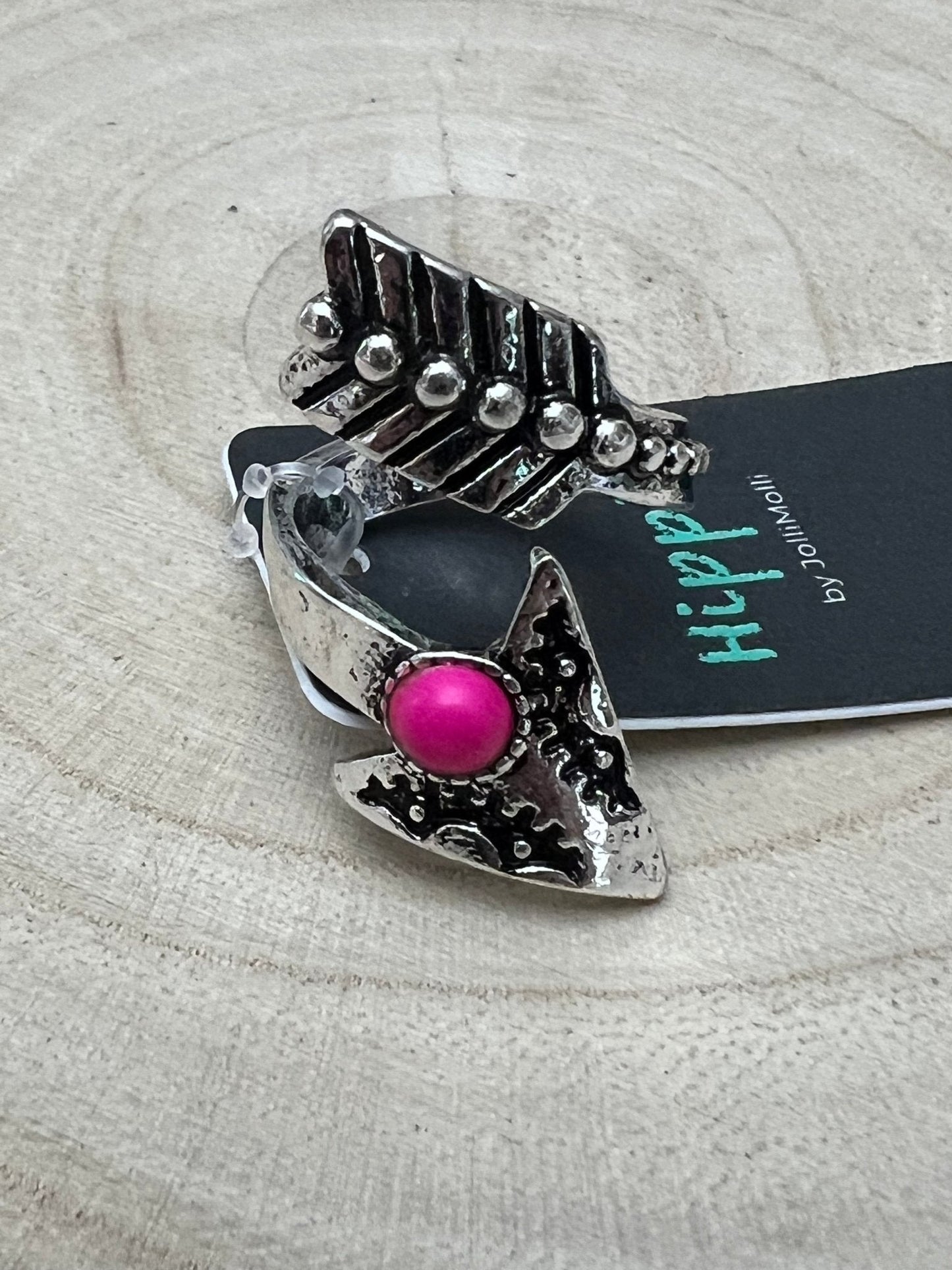 Western Arrow Head Cuff Ring with Faux Pink Stone — Adjustable Hand Statement