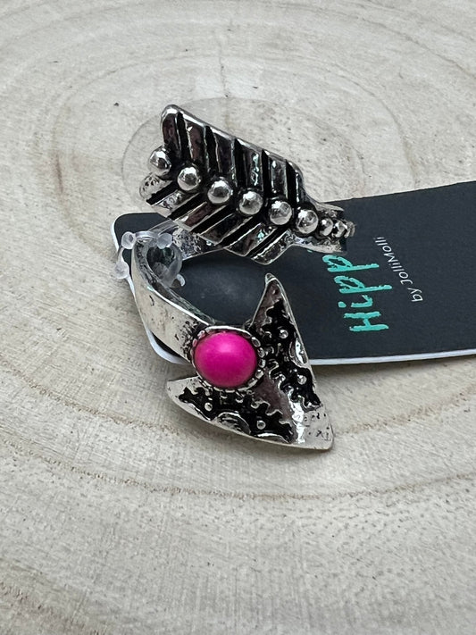 Western Arrow Head Cuff Ring with Faux Pink Stone — Adjustable Hand Statement