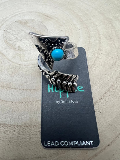 Western Arrow Head Cuff Ring with Faux Turquoise Stone — Adjustable Hand Statement