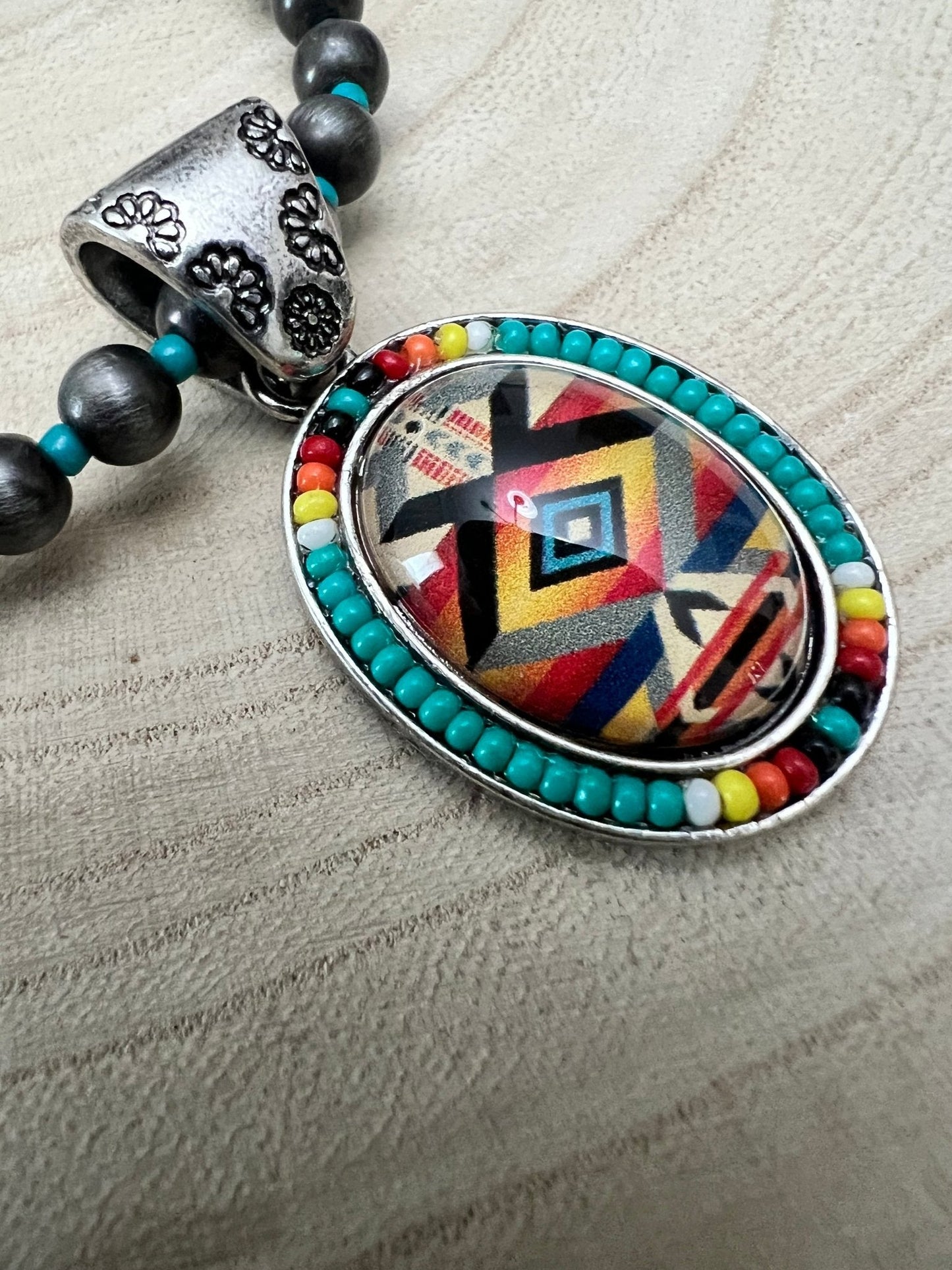 Western Aztec Pendant Stretch Bracelet — Seed Bead, Faux Pearl & Turquoise Accents